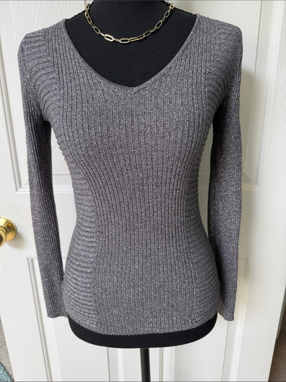 INC International Concepts Silver Metallic Ribbed V-Neck Sweater